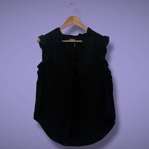 DKNY Black Ruffle Cap Sleeve V-Neck Top L